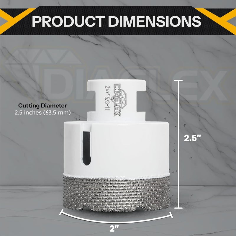 DIAFLEX Premium Brazed Core Bit – 2-1/2" Diamond Hole Saw for Porcelain, Ceramic, Stone, Dekton – 5/8"-11 Thread – Fast Clean Cuts – Vacuum Brazed – Wet or Dry Use - Image 3
